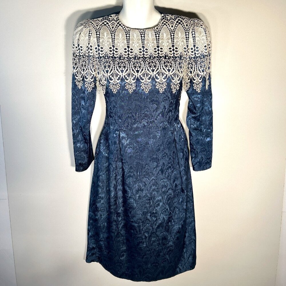 Vintage In The Mood SZ 8 Teal Satin Brocade Crochet Cape Collar Midi Dress 80's